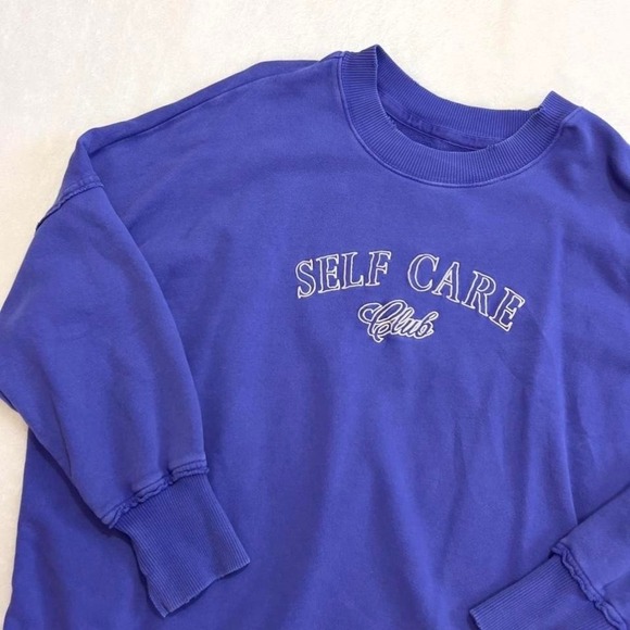 Aerie Blue Crewneck Sweatshirt Oversized "Self Care Club" Women S‎ Lounge Preppy - Picture 2 of 4